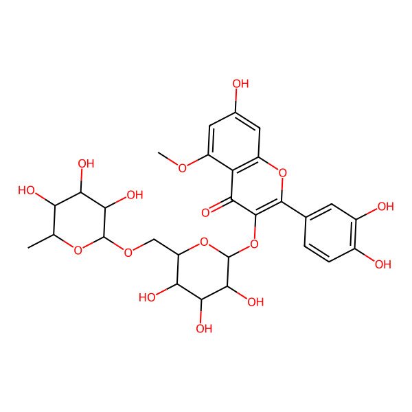 2D Structure of 2-(3,4-dihydroxyphenyl)-7-hydroxy-5-methoxy-3-[(2S,3R,4S,5R,6R)-3,4,5-trihydroxy-6-[[(2R,3R,4S,5R,6S)-3,4,5-trihydroxy-6-methyloxan-2-yl]oxymethyl]oxan-2-yl]oxychromen-4-one