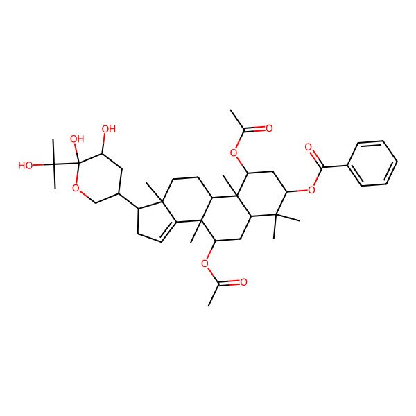 2D Structure of [(1S,3R,5S,7R,8R,9R,10S,13S,17S)-1,7-diacetyloxy-17-[(3S,5R,6S)-5,6-dihydroxy-6-(2-hydroxypropan-2-yl)oxan-3-yl]-4,4,8,10,13-pentamethyl-2,3,5,6,7,9,11,12,16,17-decahydro-1H-cyclopenta[a]phenanthren-3-yl] benzoate