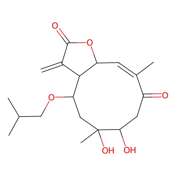 2D Structure of 6,7-Dihydroxy-6,10-dimethyl-3-methylidene-4-(2-methylpropoxy)-3a,4,5,7,8,11a-hexahydrocyclodeca[b]furan-2,9-dione