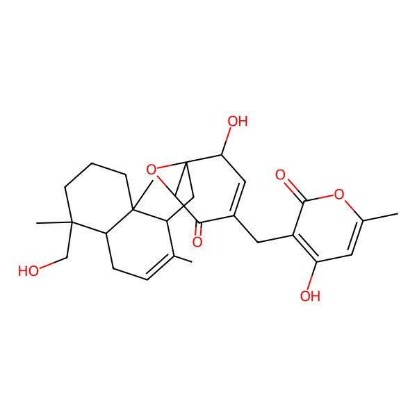 2D Structure of 5-Hydroxy-6-[[5-(hydroxymethyl)-2,5,8a-trimethyl-1,4,4a,6,7,8-hexahydronaphthalen-1-yl]methyl]-3-[(4-hydroxy-6-methyl-2-oxopyran-3-yl)methyl]-7-oxabicyclo[4.1.0]hept-3-en-2-one