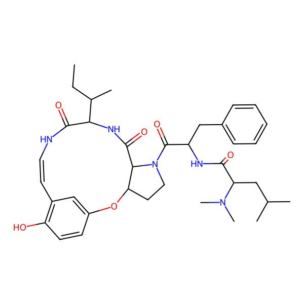 2D Structure of (2S)-N-[(2S)-1-[(7S,10S,13E)-10-butan-2-yl-16-hydroxy-8,11-dioxo-2-oxa-6,9,12-triazatricyclo[13.3.1.03,7]nonadeca-1(19),13,15,17-tetraen-6-yl]-1-oxo-3-phenylpropan-2-yl]-2-(dimethylamino)-4-methylpentanamide