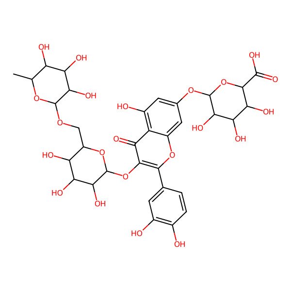 2D Structure of (2S,3S,4S,5R,6S)-6-[2-(3,4-dihydroxyphenyl)-5-hydroxy-4-oxo-3-[(2S,3R,4S,5S,6R)-3,4,5-trihydroxy-6-[[(2R,3R,4S,5R,6S)-3,4,5-trihydroxy-6-methyloxan-2-yl]oxymethyl]oxan-2-yl]oxychromen-7-yl]oxy-3,4,5-trihydroxyoxane-2-carboxylic acid