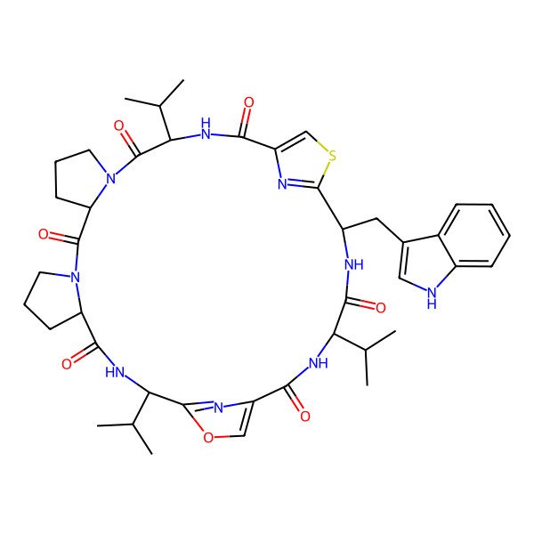 2D Structure of 24-(1H-indol-3-ylmethyl)-2,17,27-tri(propan-2-yl)-32-oxa-22-thia-3,9,15,18,25,28,33,34-octazapentacyclo[28.2.1.120,23.05,9.011,15]tetratriaconta-1(33),20,23(34),30-tetraene-4,10,16,19,26,29-hexone