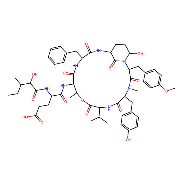 2D Structure of 5-[[15-Benzyl-21-hydroxy-5-[(4-hydroxyphenyl)methyl]-2-[(4-methoxyphenyl)methyl]-4,11-dimethyl-3,6,9,13,16,22-hexaoxo-8-propan-2-yl-10-oxa-1,4,7,14,17-pentazabicyclo[16.3.1]docosan-12-yl]amino]-4-[(2-hydroxy-3-methylpentanoyl)amino]-5-oxopentanoic acid