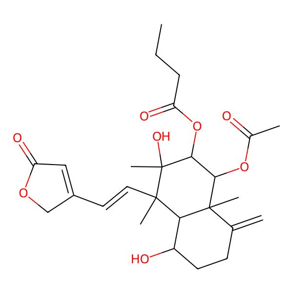 2D Structure of [(1R,2S,3R,4S,4aS,5R,8aR)-1-acetyloxy-3,5-dihydroxy-3,4,8a-trimethyl-8-methylidene-4-[(E)-2-(5-oxo-2H-furan-3-yl)ethenyl]-1,2,4a,5,6,7-hexahydronaphthalen-2-yl] butanoate