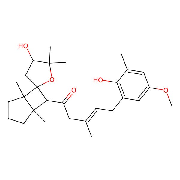 2D Structure of 5-(2-Hydroxy-5-methoxy-3-methylphenyl)-1-(3'-hydroxy-1,2',2',5-tetramethylspiro[bicyclo[3.2.0]heptane-7,5'-oxolane]-6-yl)-3-methylpent-3-en-1-one