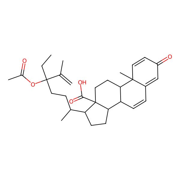 2D Structure of (8R,9S,10S,13S,14S,17R)-17-[(2R,5R)-5-acetyloxy-5-ethyl-6-methylhept-6-en-2-yl]-10-methyl-3-oxo-8,9,11,12,14,15,16,17-octahydrocyclopenta[a]phenanthrene-13-carboxylic acid