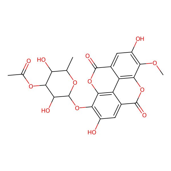 2D Structure of [(2S,3R,4R,5S,6S)-2-[(6,13-dihydroxy-14-methoxy-3,10-dioxo-2,9-dioxatetracyclo[6.6.2.04,16.011,15]hexadeca-1(15),4,6,8(16),11,13-hexaen-7-yl)oxy]-3,5-dihydroxy-6-methyloxan-4-yl] acetate