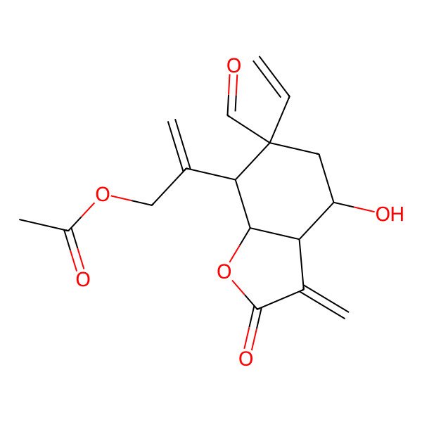 2D Structure of 2-[(3aR,4S,6R,7S,7aR)-6-ethenyl-6-formyl-4-hydroxy-3-methylidene-2-oxo-4,5,7,7a-tetrahydro-3aH-1-benzofuran-7-yl]prop-2-enyl acetate