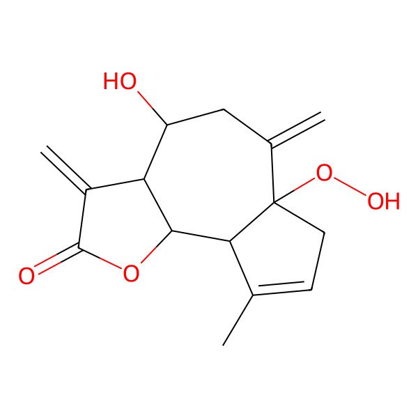 2D Structure of 6a-Hydroperoxy-4-hydroxy-9-methyl-3,6-dimethylidene-3a,4,5,7,9a,9b-hexahydroazuleno[4,5-b]furan-2-one