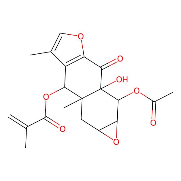 2D Structure of (14-Acetyloxy-1-hydroxy-6,9-dimethyl-2-oxo-4,12-dioxatetracyclo[7.5.0.03,7.011,13]tetradeca-3(7),5-dien-8-yl) 2-methylprop-2-enoate