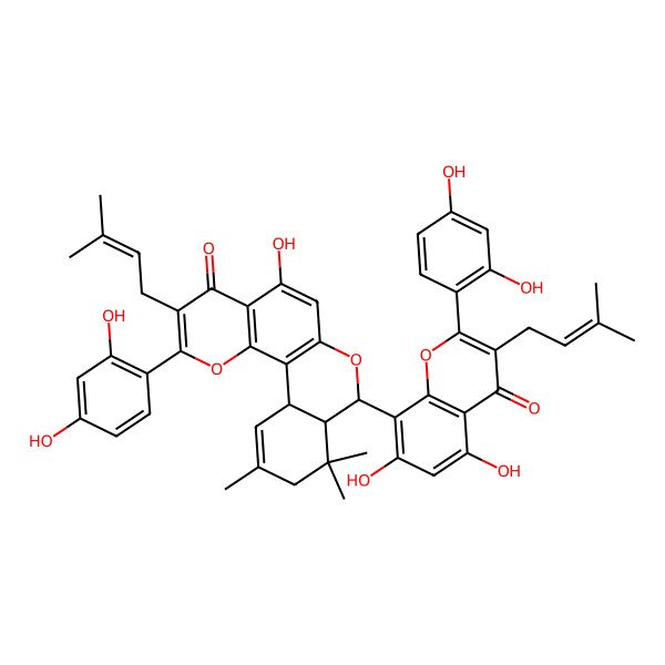 2D Structure of (8S,8aR,12aS)-2-(2,4-dihydroxyphenyl)-8-[2-(2,4-dihydroxyphenyl)-5,7-dihydroxy-3-(3-methylbut-2-enyl)-4-oxochromen-8-yl]-5-hydroxy-9,9,11-trimethyl-3-(3-methylbut-2-enyl)-8,8a,10,12a-tetrahydroisochromeno[3,4-h]chromen-4-one