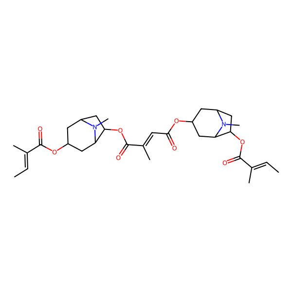 2D Structure of 1-O-[(1S,3R,5R,6S)-8-methyl-3-[(Z)-2-methylbut-2-enoyl]oxy-8-azabicyclo[3.2.1]octan-6-yl] 4-O-[(1R,3S,5S,6R)-8-methyl-6-[(Z)-2-methylbut-2-enoyl]oxy-8-azabicyclo[3.2.1]octan-3-yl] (E)-2-methylbut-2-enedioate