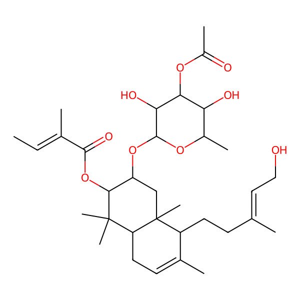 2D Structure of [(2S,3S,4aR,5R,8aS)-3-[(2R,3S,4R,5R,6S)-4-acetyloxy-3,5-dihydroxy-6-methyloxan-2-yl]oxy-5-[(E)-5-hydroxy-3-methylpent-3-enyl]-1,1,4a,6-tetramethyl-2,3,4,5,8,8a-hexahydronaphthalen-2-yl] (Z)-2-methylbut-2-enoate