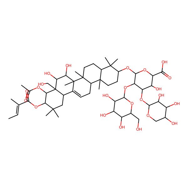 2D Structure of (2S,3S,4S,5R,6S)-6-[[(3S,4aR,6aR,6bS,7R,8S,8aR,9R,10R,12aS,14aR,14bR)-9-acetyloxy-7,8-dihydroxy-8a-(hydroxymethyl)-4,4,6a,6b,11,11,14b-heptamethyl-10-[(Z)-2-methylbut-2-enoyl]oxy-1,2,3,4a,5,6,7,8,9,10,12,12a,14,14a-tetradecahydropicen-3-yl]oxy]-3-hydroxy-5-[(2S,3R,4S,5S,6R)-3,4,5-trihydroxy-6-(hydroxymethyl)oxan-2-yl]oxy-4-[(2S,3R,4S,5S)-3,4,5-trihydroxyoxan-2-yl]oxyoxane-2-carboxylic acid