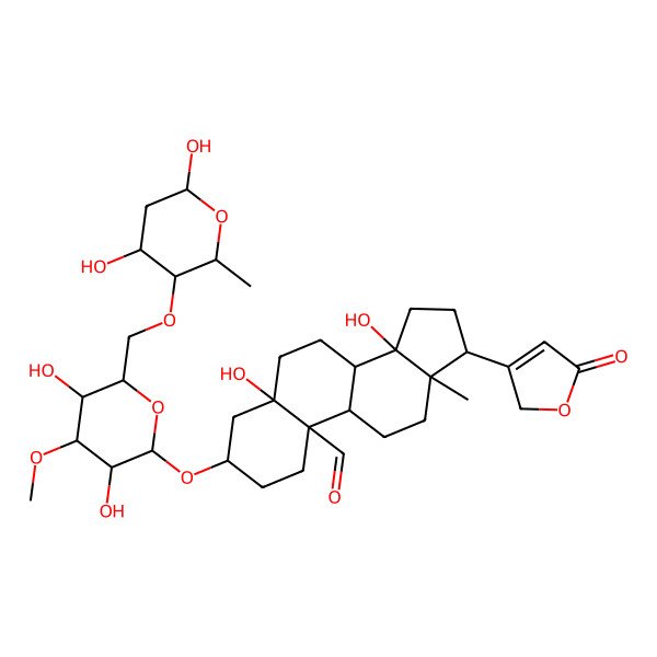 2D Structure of (3S,5S,10S,13R,14S,17R)-3-[(2R,5R)-6-[[(3R,6S)-4,6-dihydroxy-2-methyloxan-3-yl]oxymethyl]-3,5-dihydroxy-4-methoxyoxan-2-yl]oxy-5,14-dihydroxy-13-methyl-17-(5-oxo-2H-furan-3-yl)-2,3,4,6,7,8,9,11,12,15,16,17-dodecahydro-1H-cyclopenta[a]phenanthrene-10-carbaldehyde