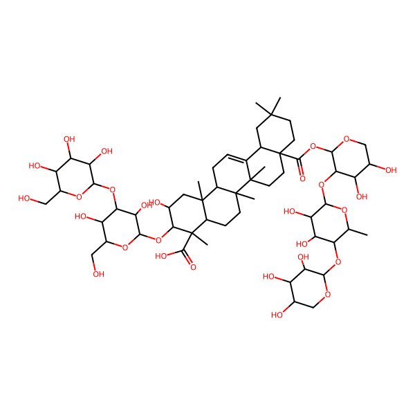 2D Structure of 3-[3,5-Dihydroxy-6-(hydroxymethyl)-4-[3,4,5-trihydroxy-6-(hydroxymethyl)oxan-2-yl]oxyoxan-2-yl]oxy-8a-[3-[3,4-dihydroxy-6-methyl-5-(3,4,5-trihydroxyoxan-2-yl)oxyoxan-2-yl]oxy-4,5-dihydroxyoxan-2-yl]oxycarbonyl-2-hydroxy-4,6a,6b,11,11,14b-hexamethyl-1,2,3,4a,5,6,7,8,9,10,12,12a,14,14a-tetradecahydropicene-4-carboxylic acid