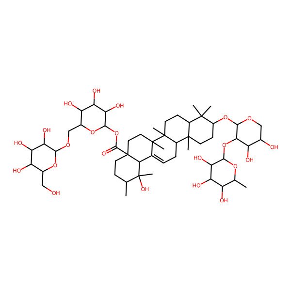 2D Structure of [(2S,3R,4S,5S,6R)-3,4,5-trihydroxy-6-[[(2R,3R,4S,5S,6R)-3,4,5-trihydroxy-6-(hydroxymethyl)oxan-2-yl]oxymethyl]oxan-2-yl] (1R,2R,4aS,6aR,6aS,6bR,8aR,10S,12aR,14bS)-10-[(2S,3R,4S,5S)-4,5-dihydroxy-3-[(2S,3R,4R,5R,6S)-3,4,5-trihydroxy-6-methyloxan-2-yl]oxyoxan-2-yl]oxy-1-hydroxy-1,2,6a,6b,9,9,12a-heptamethyl-2,3,4,5,6,6a,7,8,8a,10,11,12,13,14b-tetradecahydropicene-4a-carboxylate