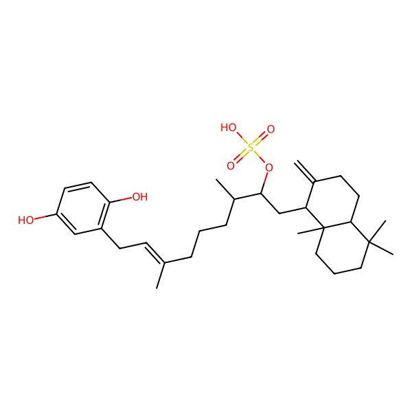 2D Structure of [(E,2R,3R)-1-[(1S,4aS,8aS)-5,5,8a-trimethyl-2-methylidene-3,4,4a,6,7,8-hexahydro-1H-naphthalen-1-yl]-9-(2,5-dihydroxyphenyl)-3,7-dimethylnon-7-en-2-yl] hydrogen sulfate