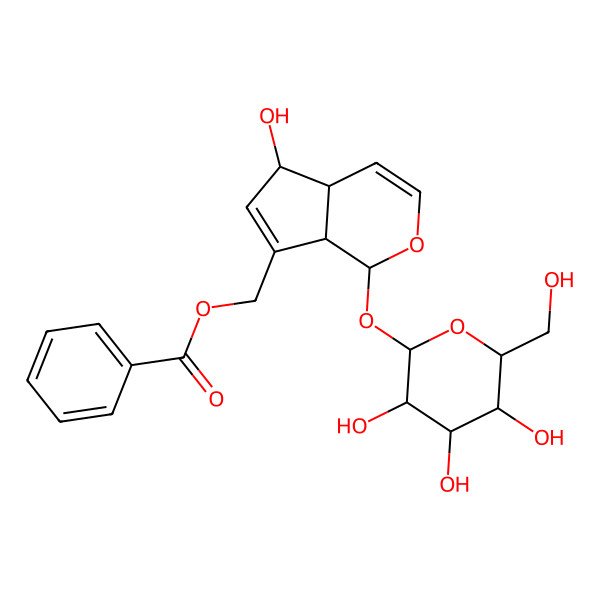 2D Structure of [5-Hydroxy-1-[3,4,5-trihydroxy-6-(hydroxymethyl)oxan-2-yl]oxy-1,4a,5,7a-tetrahydrocyclopenta[c]pyran-7-yl]methyl benzoate