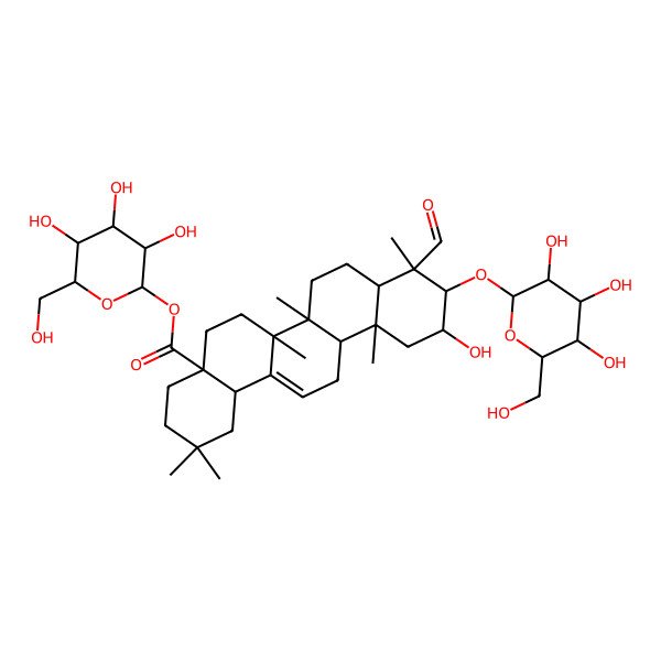 2D Structure of [(2R,3R,4S,5S,6R)-3,4,5-trihydroxy-6-(hydroxymethyl)oxan-2-yl] (4aS,6aR,6aS,6bR,8aR,9S,10R,11S,12aR,14bS)-9-formyl-11-hydroxy-2,2,6a,6b,9,12a-hexamethyl-10-[(2R,3R,4S,5S,6R)-3,4,5-trihydroxy-6-(hydroxymethyl)oxan-2-yl]oxy-1,3,4,5,6,6a,7,8,8a,10,11,12,13,14b-tetradecahydropicene-4a-carboxylate