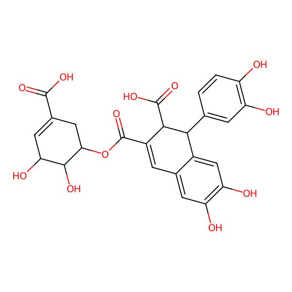2D Structure of (1S,2R)-3-[(1R,5R,6R)-3-carboxy-5,6-dihydroxycyclohex-3-en-1-yl]oxycarbonyl-1-(3,4-dihydroxyphenyl)-6,7-dihydroxy-1,2-dihydronaphthalene-2-carboxylic acid