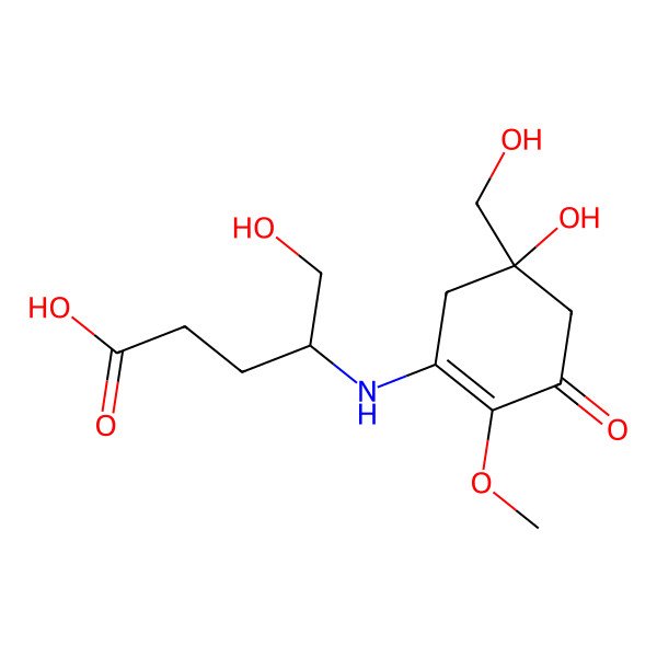 2D Structure of (4S)-5-hydroxy-4-[[(5S)-5-hydroxy-5-(hydroxymethyl)-2-methoxy-3-oxocyclohexen-1-yl]amino]pentanoic acid