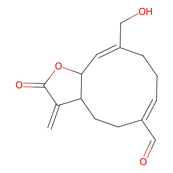 2D Structure of (3aR,6E,10Z,11aR)-10-(hydroxymethyl)-3-methylidene-2-oxo-3a,4,5,8,9,11a-hexahydrocyclodeca[b]furan-6-carbaldehyde