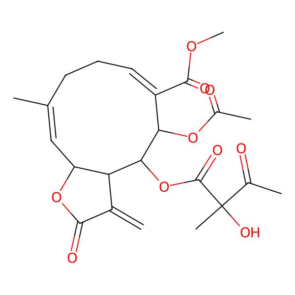 2D Structure of methyl (3aS,4S,5S,6E,10Z,11aR)-5-acetyloxy-4-[(2S)-2-hydroxy-2-methyl-3-oxobutanoyl]oxy-10-methyl-3-methylidene-2-oxo-3a,4,5,8,9,11a-hexahydrocyclodeca[b]furan-6-carboxylate
