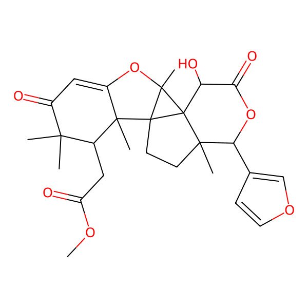 2D Structure of methyl 2-[(1S,2S,8R,9S,10S,13R,14R,17R)-14-(furan-3-yl)-17-hydroxy-2,7,7,9,13-pentamethyl-6,16-dioxo-3,15-dioxapentacyclo[8.7.0.01,13.02,10.04,9]heptadec-4-en-8-yl]acetate