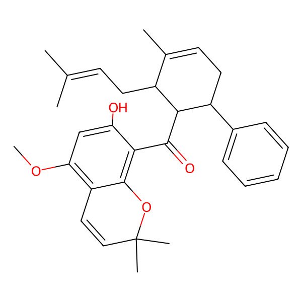 2D Structure of (7-Hydroxy-5-methoxy-2,2-dimethylchromen-8-yl)-[3-methyl-2-(3-methylbut-2-enyl)-6-phenylcyclohex-3-en-1-yl]methanone