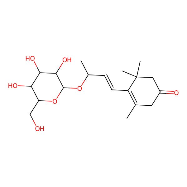 2D Structure of 3,5,5-trimethyl-4-[(3R)-3-[(2R,3R,4S,5S,6R)-3,4,5-trihydroxy-6-(hydroxymethyl)oxan-2-yl]oxybut-1-enyl]cyclohex-3-en-1-one