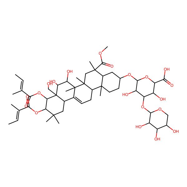 2D Structure of 6-[[7,8-Dihydroxy-8a-(hydroxymethyl)-5-methoxycarbonyl-5,6a,6b,11,11,14b-hexamethyl-9,10-bis(2-methylbut-2-enoyloxy)-1,2,3,4,4a,6,7,8,9,10,12,12a,14,14a-tetradecahydropicen-3-yl]oxy]-3,5-dihydroxy-4-(3,4,5-trihydroxyoxan-2-yl)oxyoxane-2-carboxylic acid