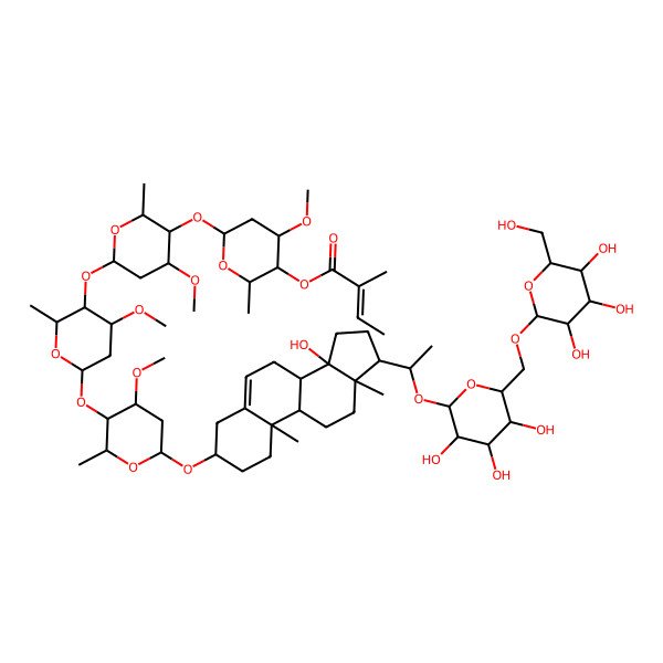 2D Structure of [(2R,3R,4R,6S)-6-[(2R,3R,4S,6S)-6-[(2R,3R,4S,6S)-6-[(2R,3R,4S,6R)-6-[[(3S,8R,9S,10R,13R,14S,17S)-14-hydroxy-10,13-dimethyl-17-[(1S)-1-[(2R,3R,4S,5R,6R)-3,4,5-trihydroxy-6-[[(2R,3R,4S,5R,6R)-3,4,5-trihydroxy-6-(hydroxymethyl)oxan-2-yl]oxymethyl]oxan-2-yl]oxyethyl]-1,2,3,4,7,8,9,11,12,15,16,17-dodecahydrocyclopenta[a]phenanthren-3-yl]oxy]-4-methoxy-2-methyloxan-3-yl]oxy-4-methoxy-2-methyloxan-3-yl]oxy-4-methoxy-2-methyloxan-3-yl]oxy-4-methoxy-2-methyloxan-3-yl] (E)-2-methylbut-2-enoate