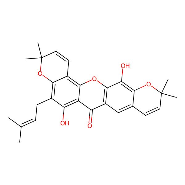 2D Structure of 11,22-Dihydroxy-7,7,19,19-tetramethyl-10-(3-methylbut-2-enyl)-2,8,20-trioxapentacyclo[12.8.0.03,12.04,9.016,21]docosa-1(14),3,5,9,11,15,17,21-octaen-13-one