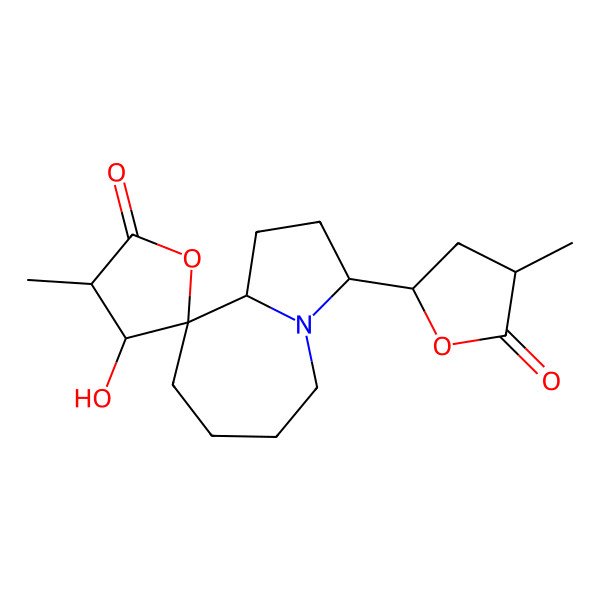 2D Structure of 4'-Hydroxy-3'-methyl-3-(4-methyl-5-oxooxolan-2-yl)spiro[1,2,3,5,6,7,8,9a-octahydropyrrolo[1,2-a]azepine-9,5'-oxolane]-2'-one