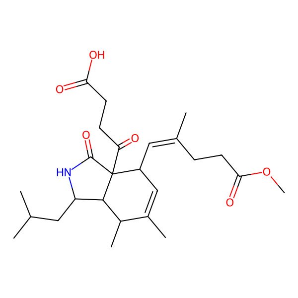 2D Structure of 4-[4-(5-methoxy-2-methyl-5-oxopent-1-enyl)-6,7-dimethyl-1-(2-methylpropyl)-3-oxo-2,4,7,7a-tetrahydro-1H-isoindol-3a-yl]-4-oxobutanoic acid