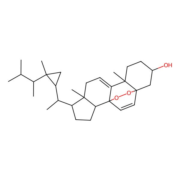 2D Structure of 6,10-Dimethyl-5-[1-[2-methyl-2-(3-methylbutan-2-yl)cyclopropyl]ethyl]-16,17-dioxapentacyclo[13.2.2.01,9.02,6.010,15]nonadeca-8,18-dien-13-ol