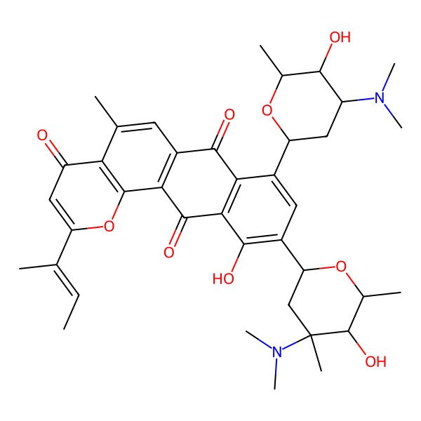 2D Structure of 2-[(Z)-but-2-en-2-yl]-10-[(2S,4S,5S,6S)-4-(dimethylamino)-5-hydroxy-4,6-dimethyloxan-2-yl]-8-[(2R,4S,5S,6R)-4-(dimethylamino)-5-hydroxy-6-methyloxan-2-yl]-11-hydroxy-5-methylnaphtho[2,3-h]chromene-4,7,12-trione