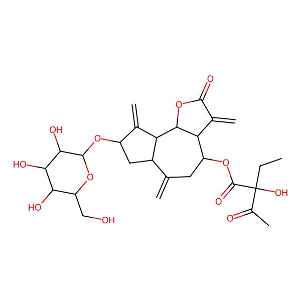 2D Structure of [(3aR,4R,6aR,8S,9aR,9bR)-3,6,9-trimethylidene-2-oxo-8-[(2R,3R,4S,5S,6R)-3,4,5-trihydroxy-6-(hydroxymethyl)oxan-2-yl]oxy-3a,4,5,6a,7,8,9a,9b-octahydroazuleno[4,5-b]furan-4-yl] (2R)-2-ethyl-2-hydroxy-3-oxobutanoate