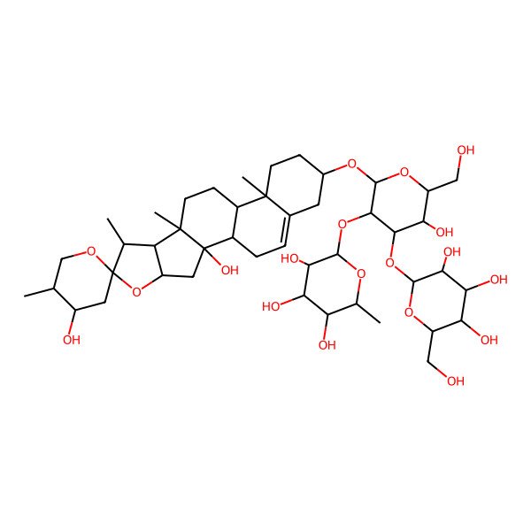 2D Structure of (2S,3R,4R,5R,6S)-2-[(2R,3R,4S,5R,6R)-2-[(1R,2R,4S,4'S,5'R,6R,7S,8R,9R,12S,13R,16S)-2,4'-dihydroxy-5',7,9,13-tetramethylspiro[5-oxapentacyclo[10.8.0.02,9.04,8.013,18]icos-18-ene-6,2'-oxane]-16-yl]oxy-5-hydroxy-6-(hydroxymethyl)-4-[(2S,3R,4S,5S,6R)-3,4,5-trihydroxy-6-(hydroxymethyl)oxan-2-yl]oxyoxan-3-yl]oxy-6-methyloxane-3,4,5-triol