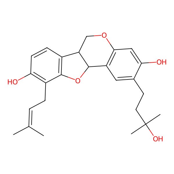 2D Structure of 2-(3-hydroxy-3-methylbutyl)-10-(3-methylbut-2-enyl)-6a,11a-dihydro-6H-[1]benzofuro[3,2-c]chromene-3,9-diol