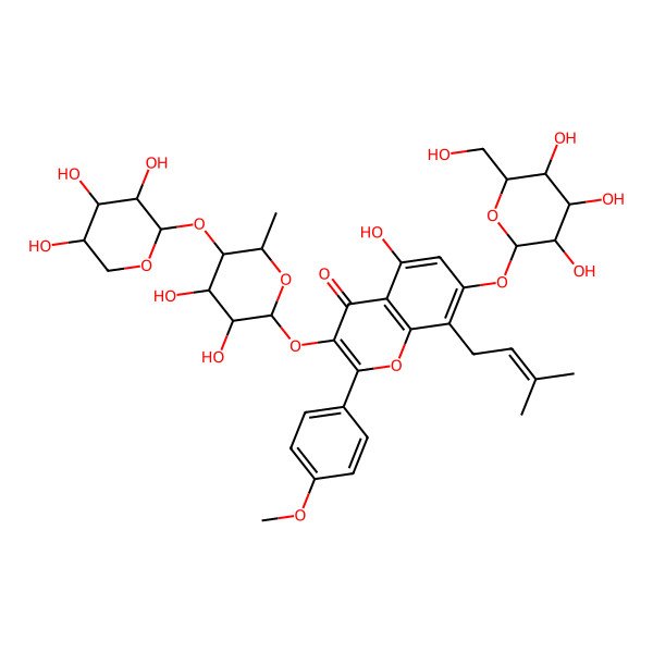 2D Structure of 3-[(2S,3S,4R,5S,6R)-3,4-dihydroxy-6-methyl-5-[(2R,3R,4S,5R)-3,4,5-trihydroxyoxan-2-yl]oxyoxan-2-yl]oxy-5-hydroxy-2-(4-methoxyphenyl)-8-(3-methylbut-2-enyl)-7-[(2S,3R,4S,5S,6R)-3,4,5-trihydroxy-6-(hydroxymethyl)oxan-2-yl]oxychromen-4-one