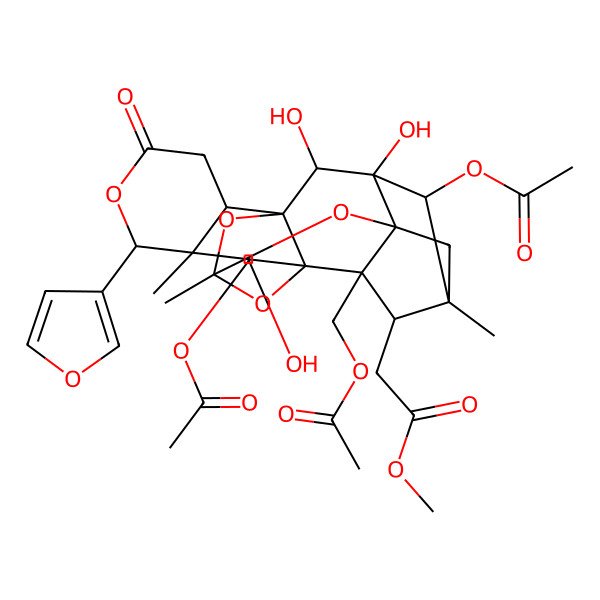 2D Structure of methyl 2-[(1R,2R,6S,7R,8R,9R,10R,12R,14R,15S,16S,17R,18S,19R,20R)-8,18-diacetyloxy-15-(acetyloxymethyl)-6-(furan-3-yl)-9,19,20-trihydroxy-7,12,17-trimethyl-4-oxo-5,11,13,21-tetraoxaheptacyclo[10.8.1.114,17.01,10.02,7.010,15.014,19]docosan-16-yl]acetate