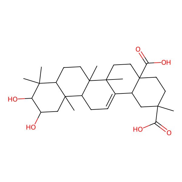 2D Structure of (2S,4aR,6aR,6aS,6bR,8aR,10R,11S,12aR,14bS)-10,11-dihydroxy-2,6a,6b,9,9,12a-hexamethyl-1,3,4,5,6,6a,7,8,8a,10,11,12,13,14b-tetradecahydropicene-2,4a-dicarboxylic acid