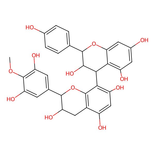 2D Structure of (2S,3S)-2-(3,5-dihydroxy-4-methoxyphenyl)-8-[(2R,3R,4R)-3,5,7-trihydroxy-2-(4-hydroxyphenyl)-3,4-dihydro-2H-chromen-4-yl]-3,4-dihydro-2H-chromene-3,5,7-triol