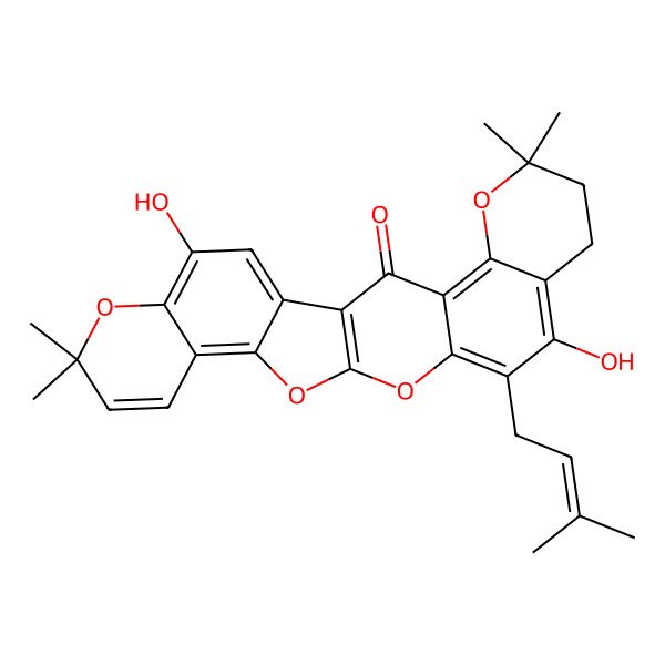 2D Structure of 10,23-Dihydroxy-6,6,20,20-tetramethyl-11-(3-methylbut-2-enyl)-5,13,15,21-tetraoxahexacyclo[12.11.0.03,12.04,9.016,25.017,22]pentacosa-1(14),3,9,11,16,18,22,24-octaen-2-one