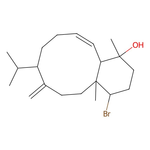 2D Structure of 4-bromo-1,4a-dimethyl-7-methylidene-8-propan-2-yl-3,4,5,6,8,9,10,12a-octahydro-2H-benzo[10]annulen-1-ol