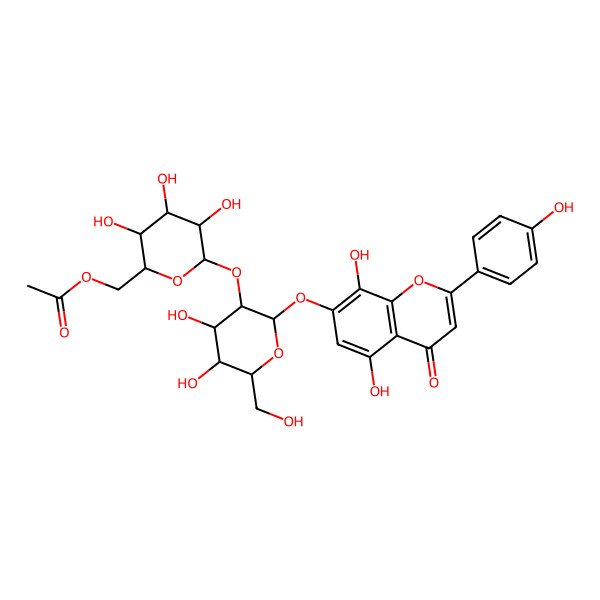 2D Structure of [(2S,3R,4R,5S,6R)-6-[(2R,3S,4R,5R,6S)-2-[5,8-dihydroxy-2-(4-hydroxyphenyl)-4-oxochromen-7-yl]oxy-4,5-dihydroxy-6-(hydroxymethyl)oxan-3-yl]oxy-3,4,5-trihydroxyoxan-2-yl]methyl acetate