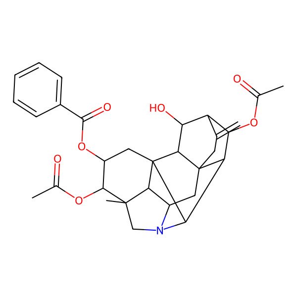 2D Structure of (4,10-Diacetyloxy-19-hydroxy-5-methyl-12-methylidene-7-azaheptacyclo[9.6.2.01,8.05,17.07,16.09,14.014,18]nonadecan-3-yl) benzoate